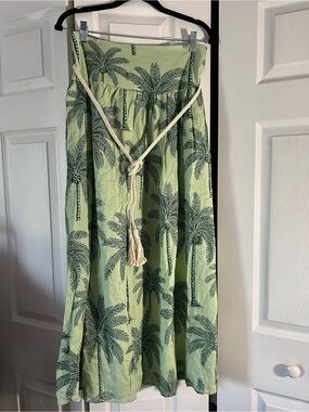 C&C California Light Green Palm-Print Maxi Skirt with Rope Tie